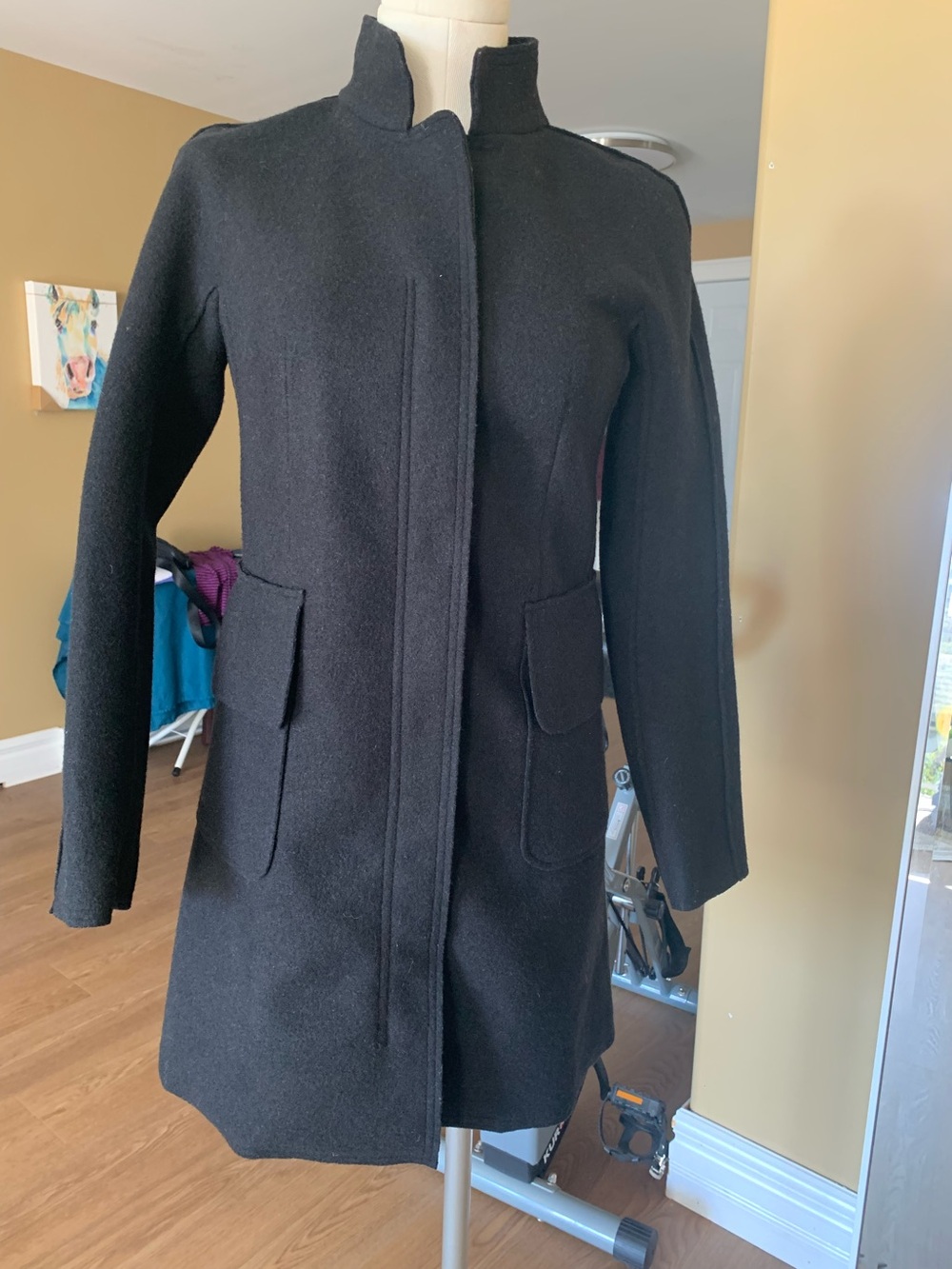 Armani Exchange Black Wool Trench Coat with Stand Collar